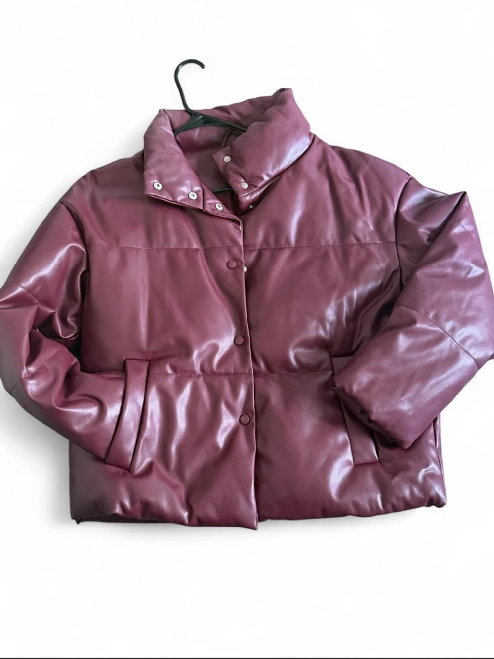 Cortefiel Burgundy Faux Leather Puffer Jacket – Size L